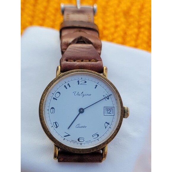 Vintage Valgines Quartz Watch Swiss Made Unisex Gold Bezel Braided Leather Strap - Picture 10 of 10